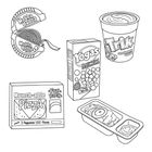 Illustration mit Verpackungen: "Hubba Bubba", "Yogas", "Trik", "Munch-able Pizza", Sushi-ähnlicher Snack.
