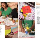 „A Good Ol’ Days Playlist“ und „Ditch the Beige“. Leute feiern farbenfroh mit Blumen und Kuchen.