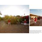 Mitgliedern von Sun City Poms, die in einem Garten Hula-Hoop machen. Text erklärt Kontext der Aktivität während COVID-19.