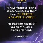 Text: "STORM BREAKER" von Nisha J. Tuli. Dialog zwischen zwei Personen. Himmel mit Blitzen und Skyline im Hintergrund.