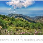Sierra Bermeja. Kalender für Mai, Casares Edition. Hügelige Landschaft mit blühender Wiese, Bäumen und weitem Horizont.