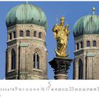 Text: "Marienkirche", Kalender mit Datum. Zwei Kirchtürme mit grünen Kuppeln, goldene Marienstatue im Vordergrund.