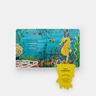 Texte: "I’m a caring papa, as my tummy shows. Inside my pouch, mama’s eggs grow. When they’re ready I’ll let them go!" Illustration: Ein Seepferdchen im Meer, viele bunte Fische und Korallen.