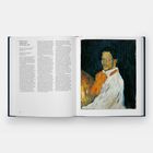 Links: "Pablo Picasso, Selbstporträt, 1901". Rechts: Abbildung eines Gemäldes von Picasso mit dunklen Farben und einem Mann.