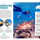 Text: "Underwater Magic", "Australia's reefs are among the most extraordinary ecosystems...", "Best Reef Experiences", "Australia's Coral Contribution", "Cultural Connections", "Regions to Explore". Illustration: Taucher mit Schildkröte im Wasser.