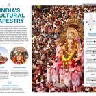 Texte: "INDIA'S CULTURAL TAPESTRY", Angaben über Indiens vielfältige Kulturen, Informationen über Orte und Erfahrungen.