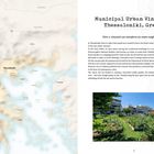 "Municipal Urban Vineyard - Thessaloniki, Greece" beschreibt die Umwandlung eines ungenutzten städtischen Raums in einen Weinberg. Links eine Karte von Griechenland und Umgebung, rechts ein Foto des Weinbergs vor Gebäuden.