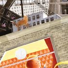 Illustration mit Katze auf Dach, Junge am Fenster, schaut nach draußen. Gebäude im Hintergrund, Kräne und Personen sichtbar.