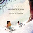 Text: „Leo war Patricks Freund...“ Zwei Kinder radeln im Schnee, eins hat das Aussehen eines Löwen. Schneeflocken fallen sanft.