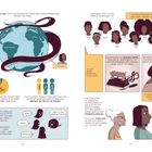 Auf der linken Seite Globus mit Haaren, rechts stilisierte Porträts aus verschiedenen Jahrzehnten. Unten Text über Haarglättung.