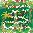 Rechen-Dschungel: Würfeln, Zahl plus Würfelzahl. Rot: zurück, Gelb: klettern. Illustration mit Affen im Dschungel.