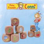 „Meine Freundin Conni“ steht oben. Conni ist eine Illustration eines Mädchens mit Katze, Holzwürfeln mit Bildern darunter.