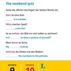 "The weekend quiz" zeigt Lückentexte zu deutschen und englischen Sätzen. Unten sind die Daten 9. Januar Samstag und 10. Januar Sonntag.