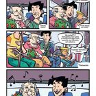 Comic mit älterem Mann und jüngerer Person im Bus, sie sprechen über Gino Paoli. Musiknoten schweben.