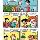 Comic mit Dialogen zwischen Kunden und Verkäuferin auf einem Marktstand. Verkäuferin wirkt gestresst. Kunden kaufen Obst.