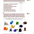 Texte: Aufgaben zur Dialogzuordnung und Farbwahl. Bilder: Eisbär, Blumen, Brokkoli, Banane, Katze, Lavendel, Jacke, Telefonzelle.