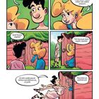 Comic mit sechs Panels. Junge und Mädchen sprechen Lateinisch. Szenen vor einer Holztür. Fröhliche Atmosphäre.