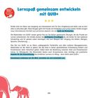 "Lernspaß gemeinsam entwickeln mit QUID+. Eltern & Kinder gemeinsam wachsen" in Blau und Rot. Silhouette von Erwachsenen und Elefant.