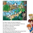 "Im Zoo wartet ein neuer Fall auf die drei ???. Lies, was sie beobachten, und male es an." 

Eine bunte Illustration zeigt Menschen im Zoo an einem Teich mit Schwänen. Ein Mann trägt eine Gießkanne, ein Junge ein gelbes T-Shirt, ein Mädchen im roten Kleid zeigt auf Schwäne. Ein Kind sitzt auf einer Brücke in blauer Hose, der Mann dort trägt Grün, die Frau hat eine braune Tasche.