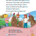 Ein buntes Bild mit Bibi, Tina, Girlanden, Luftballons und zwei Kindern auf Pferden mit Partyhüten, während Musik spielt.