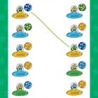 Illustration: Bunte Ufos mit Aliens, daneben passende bunte Bälle. Ein grüner Pfeil verbindet passende Paare.