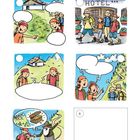 Sechs Panels. Text: "Nummeriere die Bilder in der richtigen Reihenfolge." Menschen und Hotel dargestellt. Leere Sprechblasen.