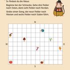 Der kleine Hamster sucht seine Freundin Maus. Gehe drei Felder nach Osten, acht nach Norden. Illustrationen: Tiere, Blätter.