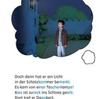 Ein Junge steht nachts vor einer beleuchteten Burg mit einem überraschten Gesichtsausdruck.