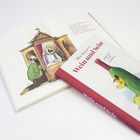 Buch mit Titel "Wein und Sein". Illustration: Person im Beichtstuhl, Priester lacht; Flasche und Huhn.