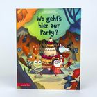"Wo geht's hier zur Party?" bunte Illustration mit fröhlichen Tieren, die eine Party zu feiern scheinen.