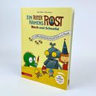 Buchtitel: "Ein Ritter namens Rost Blech und Schwefel". Illustration mit einem grünen Drachen, einem Ritter und Figuren.