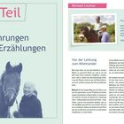 Titel: "1. Teil - Erfahrungen und Erzählungen"  
Mitte: Bild einer Frau mit Pferd und Lächeln.  
Rechts: Name "Michael Leutner" über einem Foto.  
Text: Erzählung über Reitlehrer.