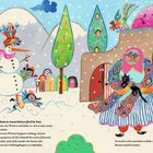 Text: "Naneh Sarma wohnte in einem kleinen Dorf im Iran..." 
Illustration: Fröhliche Winterlandschaft mit Schneemann. Kinder spielen, eine ältere Frau mit Katze steht draußen.