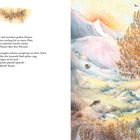 Fünf kleine Lärchenzapfen springen in einen Bach. Rechts eine Landschaftsillustration mit Bergen, einem Baum und Tieren.