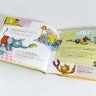 Text: "Stadtbibliothek ist ein ganz schöner Zungenbrecher, nicht wahr?" Ein bunt illustriertes Kinderbuch mit Tieren.