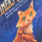 Text: „Ein Kater, zwei Detektive und die Magie des Lesens“. Illustration eines orangefarbenen Katers mit grünen Augen.