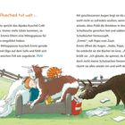 „Abschied tut weh …“ Emmi kuschelt mit Alpakas, Poldi frisst aus Rucksack. Illustration mit Tieren und einem schlafenden Kind.