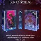 „Der Umschlag“, „Sie kämpft für das System...“, „I am the Blade“, „Marie Grasshoff“. Illustration: Fantasievolle Buchcover mit Figuren.