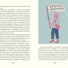 Linke Seite: Text über Frauenrechte, Olympe de Gouges und die Französische Revolution.

Rechte Seite: Illustration einer Person mit "Frauen-Rechte!"-Schild.