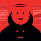 Illustration: Ein lächelnder Engel mit Heiligenschein über einem wütenden Teufel mit Hörnern. Links Text über Kekse und Moral.