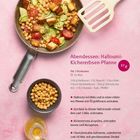 Abendessen: Halloumi-Kichererbsen-Pfanne. Zutaten: Halloumi, Zucchini, Kichererbsen, Cherrytomaten. Zubereitung: Anbraten, mit Oregano würzen.