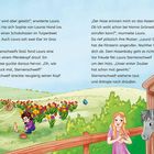 Zwei Kinder suchen nach Osterhasen und Eiern in einem bunten Tulpenfeld. Ein Mädchen interagiert mit einem grauen Pferd.