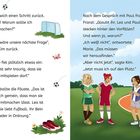 Linke Seite: Text mit Dialogen zwischen Paul und Kim, erwähnt Marie und Lea. Rechts: Drei Mädchen auf einem Sportplatz.