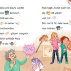 Text mit Emojis: Nala und Laura besuchen Rosi. Szenen mit Plüschpferden, glitzerndem Spielzeug, und fröhlichen Kindern.