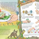 Text wie in einem Kindermagazin: Anleitungen zum Kartoffelstempel basteln, ergänzt mit Illustrationen und einer Katze.