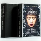 Links "ALIX E. HARROW Die LEGENDE von UNA EVERLASTING". Rechts: Buchcover mit Porträt einer Frau in Kettenhaube.