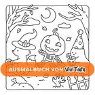 Text: "Ausmalbuch von Vivitinta". Illustration: Ein Fuchs mit Hexenhut, Kürbiskopf und Tier mit Partyhut unter Mond und Bäumen.