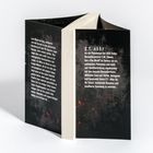 Zwei Textabsätze beschreiben die Handlung und Autorin eines Buches. Schwarzer Hintergrund mit roten Spritzern.