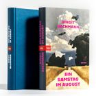 "Ein Samstag im August" von Birgit Bachmann. Buchcover zeigt einen Weg zwischen Feldern, Himmel mit Wolken, btb-Logo.