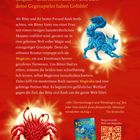 Ein Beschreibungstext über magische Wesen und ein gefährliches Abenteuer mit einem abgebildeten blauen Tierwesen und rotem Monster.